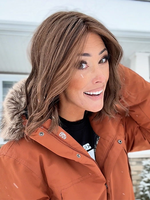 Nichole Corbett @nicholealee wearing Charlotte by Envy in color AMARETTO CREAM | Dark Brown roots with overall Medium Brown base with Honey Blonde highlights