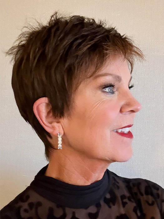 Susan Sparks @an_affair_with_hair wearing CHAT by ELLEN WILLE in color DARK CHOCOLATE ROOTED 4.33.6 | Darkest Brown, Dark Auburn and Dark Brown Blend with Shaded Roots