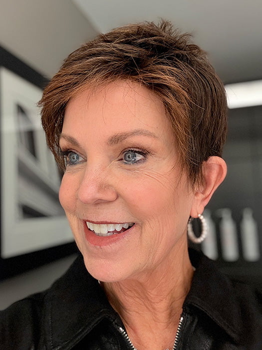 Susan Sparks @an_affair_with_hair wearing CHAT by ELLEN WILLE in color DARK CHOCOLATE ROOTED 4.33.6 | Darkest Brown, Dark Auburn and Dark Brown Blend with Shaded Roots