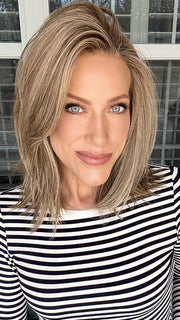 Kristyna Moore @kristynamoore wearing CHELSEA by BELLE TRESS in color MACADAMIA LATTE R | A combination of Medium and Light Brown, highlighted with Light Gold Blonde, and a mixture of Ash Blonde and Light Gold Blonde, Rooted with Medium and Light Brown