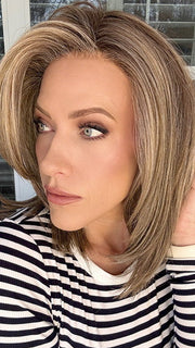 Kristyna Moore @kristynamoore wearing CHELSEA by BELLE TRESS in color MACADAMIA LATTE R | A combination of Medium and Light Brown, highlighted with Light Gold Blonde, and a mixture of Ash Blonde and Light Gold Blonde, Rooted with Medium and Light Brown