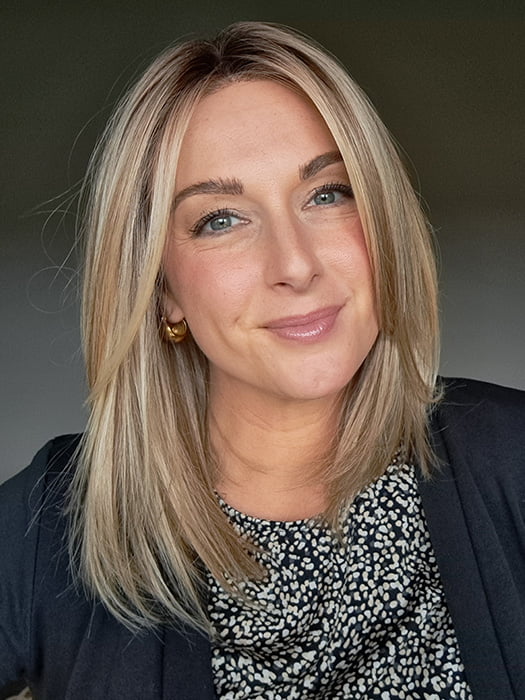 Ashley @lifebeyondlocks is wearing CHELSEA by BELLE TRESS in color RAW SUGAR BLONDE | A Neutral Light Blonde, Honey Blonde, Pale Gold Blonde, with a base of Light Brown Lowlights featuring a Medium Root Color