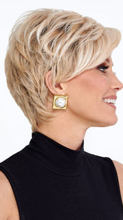 Model is wearing CHOPPED PIXIE by TRESSALLURE in color 24/102/R12 | Gold Blonde with Platinum highlights with Gold Brown roots