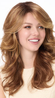 Model is wearing CHRISTINE by ENVY in color GOLDEN NUTMEG | Medium Brown roots with overall Warm Cinnamon base and Golden Blonde highlights