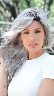 Roxie wearing color CHROMERT1B | Gray and White with 25% Medium Brown Blend and Off-Black Roots