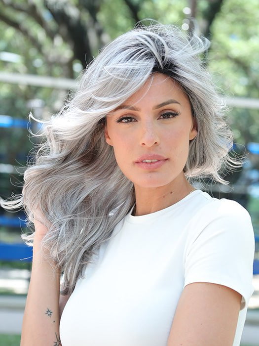 Roxie wearing color CHROMERT1B | Gray and White with 25% Medium Brown Blend and Off-Black Roots
