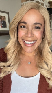 Brea @getwiggywithbrea wearing COLLECT by ELLEN WILLE in shade CHAMPAGNE TIPPED 20.25.26 | Light Strawberry Blonde, Lightest Golden Blonde, and Light Golden Blonde Blend with Lighter Tipped Ends | Style has been curled