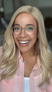 Brea @getwiggywithbrea wearing COLLECT by ELLEN WILLE in shade CHAMPAGNE TIPPED 20.25.26 | Light Strawberry Blonde, Lightest Golden Blonde, and Light Golden Blonde Blend with Lighter Tipped Ends | Style has been curled