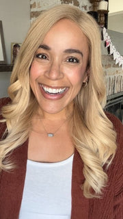 Brea @getwiggywithbrea wearing COLLECT by ELLEN WILLE in shade CHAMPAGNE TIPPED 20.25.26 | Light Strawberry Blonde, Lightest Golden Blonde, and Light Golden Blonde Blend with Lighter Tipped Ends | Style has been curled