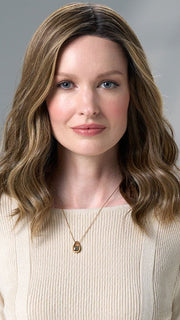 Model is wearing COREY by ENVY in HONEY BREEZE | A blend of Cool, Honey Blonde and Multi-Dimensional Medium Brown with Darker Brown Roots