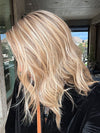 Jenny B. @thewiggygirl wearing COREY by ENVY in color SPARKLING CHAMPAGNE | Medium Brown roots with overall Strawberry Blonde base and soft Golden Blonde highlights