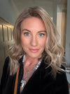 Jenny B. @thewiggygirl wearing COREY by ENVY in color SPARKLING CHAMPAGNE | Medium Brown roots with overall Strawberry Blonde base and soft Golden Blonde highlights