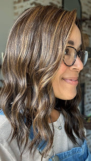 Brea @getwiggywithbrea wearing COREY by ENVY in color AMARETTO CREAM | Dark Brown roots with overall Medium Brown base with Honey Blonde highlights