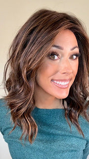 Nichole Corbett @nicholealee wearing COREY by ENVY in color AMARETTO CREAM | Dark Brown roots with overall Medium Brown base with Honey Blonde highlights
