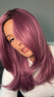 Roxie wearing COSMO SLEEK by RENE OF PARIS in MAUVE BERRY | Smoky Fused Pale Violet Base with Medium Brown Roots