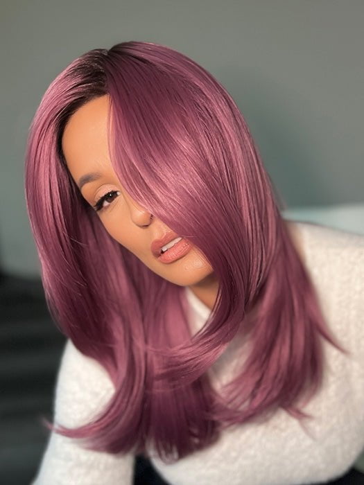 Roxie wearing COSMO SLEEK by RENE OF PARIS in MAUVE BERRY | Smoky Fused Pale Violet Base with Medium Brown Roots