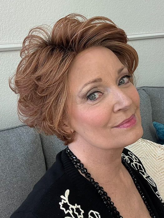 Emily H. @she_sheds_more wearing CURATED CUT by RAQUEL WELCH in color RL29/33SS ICED PUMPKIN SPICE | Strawberry Blonde Shaded with Dark Red-Brown