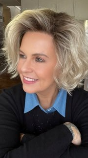 Donna @style.me.ageless wearing MOVIE STAR by ELLEN WILLE in color CHAMPAGNE ROOTED 23.24.16 | Light Beige Blonde, Medium Honey Blonde, and Platinum Blonde blend with Dark Roots