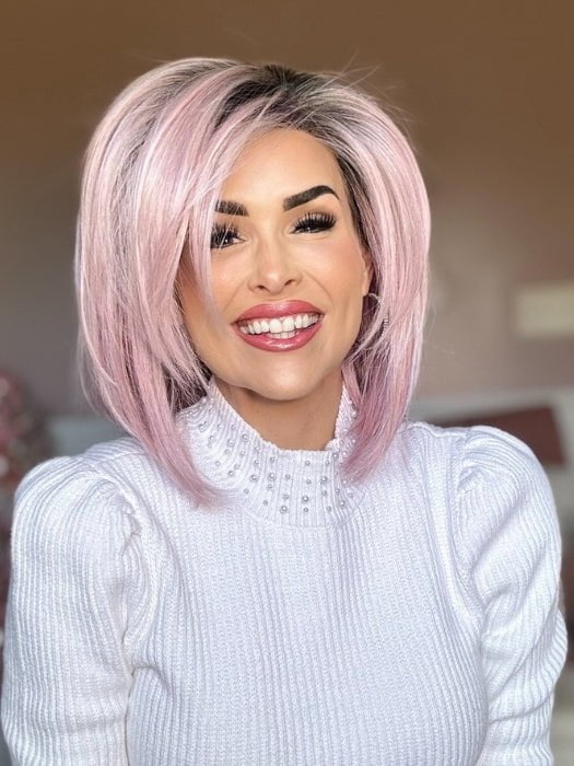 Crystal @ crystallhoneycutt wearing Dare to Be in color Pink | A dusty pink coloration reflects the latest trend in fantasy hair | This wig has been altered by straightening the ends 