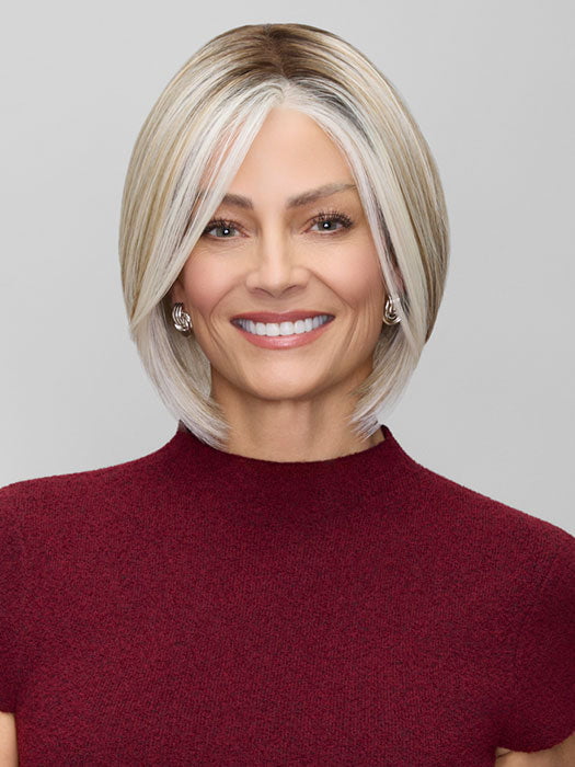 Model is wearing DAWN in CATALINA BLONDE 101/88/27S8 | Pale blonde with Pure White Natural Violet halo highlights, shaded medium brown