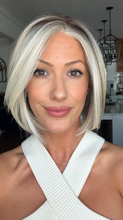Jenna Fail @jenna_fail wearing DAWN by JON RENAU in color 101/88/27S8 CATALINA BLONDE | Pale blonde with Pure White Natural Violet halo highlights, shaded medium brown