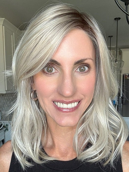 Lisa Mullins @beautiffulyouwigreviews wearing DAZZLING WAVEZ by RENE OF PARIS in color MILKY OPAL R | A Blend of Creamy Blonde and White Blonde Rooted with Warm Brown