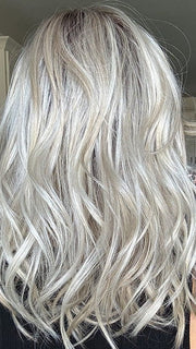 Lisa Mullins @beautiffulyouwigreviews wearing DAZZLING WAVEZ by RENE OF PARIS in color MILKY OPAL R | A Blend of Creamy Blonde and White Blonde Rooted with Warm Brown