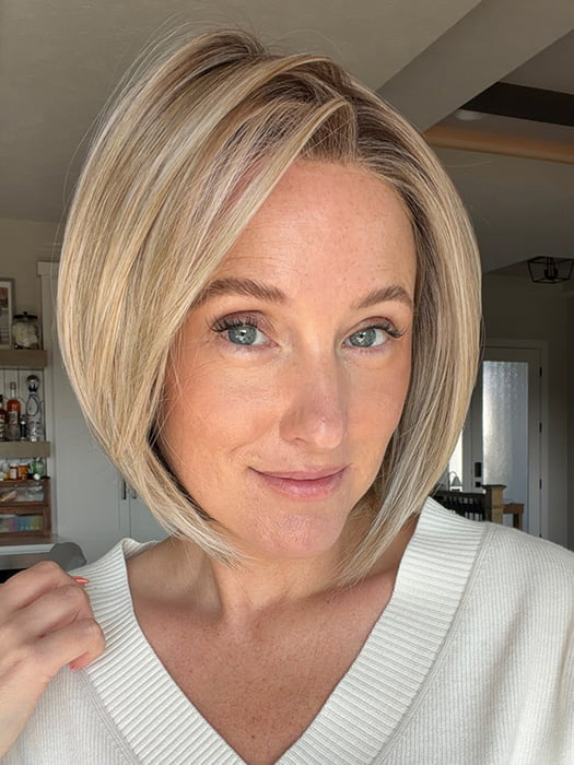 Carly N. @carlynwilson84 is wearing DION by BELLE TRESS in color BUTTERCAKE BLONDE-R | A neutral-warm blonde blend featuring light brown, ash, and lightest blonde tones with natural-looking darker roots for added depth and realism.