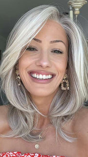 Jenna Fail @jenna_fail wearing DREW by JON RENAU in color 101/88/27S8 CATALINA BLONDE | Pale blonde with Pure White Natural Violet halo highlights, shaded medium brown