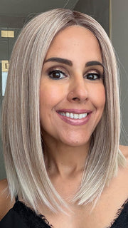 Lorena C. @faux.hurr.lifee wearing DRIVE by ELLEN WILLE in color CANDY BLONDE ROOTED 101.27.24 | Pearl Blonde blended with Platinum Blonde with Medium Roots