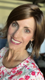 Lisa @beautifulyouwigreviews wearing NOLA by ELLEN WILLE in color TOFFEE BROWN SHADED 830.27 | Medium Brown Blended with Light Auburn and Dark Strawberry Blonde