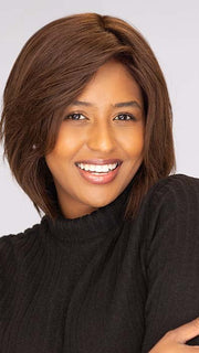 Sophia is wearing MUSE by ELLEN WILLE in color DARK CHOCOLATE MIX 4.33.6 | Darkest Brown, Dark Auburn and Dark Brown Blend