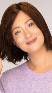 Steph is wearing MUSE by ELLEN WILLE in color DARK CHOCOLATE MIX 4.33.6 | Darkest Brown, Dark Auburn and Dark Brown Blend