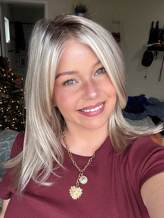 Rayann @50shadesofraaayyy wearing ELLE by JON RENAU in shade 101/88/27S8 CATALINA BLONDE | Pale blonde with Pure White Natural Violet halo highlights, shaded medium brown