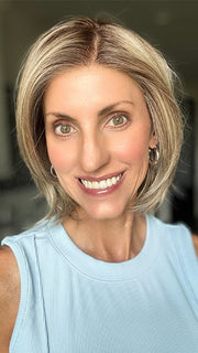 Lisa @beautifulyouwigreviews is wearing ELSA by BELLE TRESS in color SPARKLING CHAMPAGNE R | Medium Ash Brown roots transition into Shimmering Champagne Blonde characterized by Pale Golden Hues with subtle Ivory and Platinum undertones reminiscent of a sparkling glass of bubbly