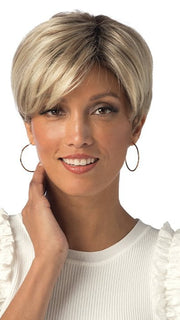 Model is wearing EMBER by ESTETICA in color RH1488RT8 | Highlighted Copper Blonde with Golden Brown Roots