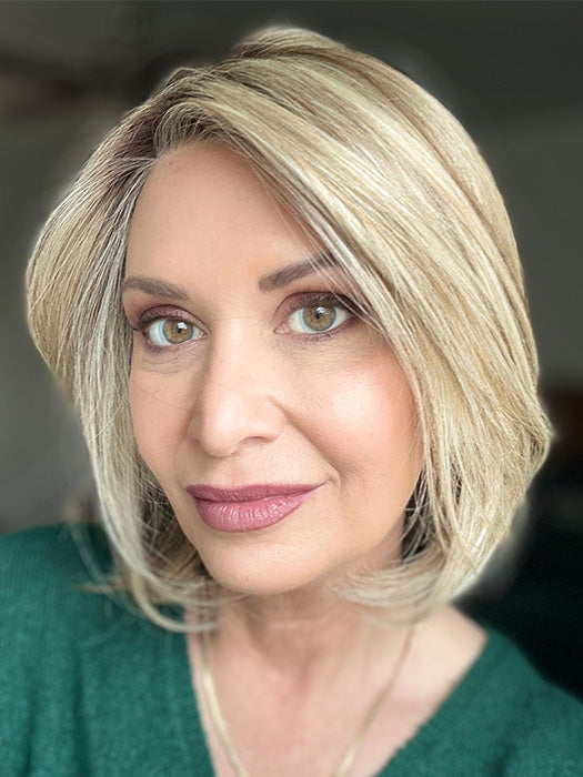 Emily H. @she_sheds_more wearing UNTOLD STORY by RAQUEL WELCH in color SS16/21 SHADED SAND | Light Blonde shaded with Medium Brown