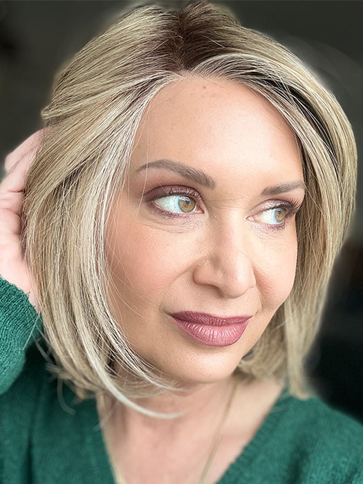 Emily H. @she_sheds_more wearing UNTOLD STORY by RAQUEL WELCH in color SS16/21 SHADED SAND | Light Blonde shaded with Medium Brown