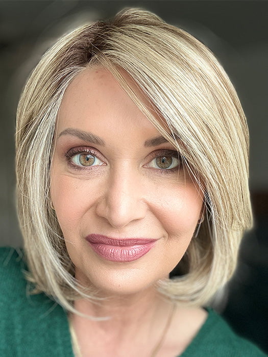 Emily H. @she_sheds_more wearing UNTOLD STORY by RAQUEL WELCH in color SS16/21 SHADED SAND | Light Blonde shaded with Medium Brown