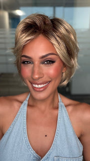 Roxie is wearing ESCAPE SOFT by ELLEN WILLE in LIGHT CHAMPAGNE ROOTED 23.25.20 | Lightest Pale Blonde and Lightest Golden Blonde with Light Strawberry Blonde Blend and Shaded Roots

