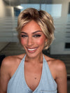 Roxie is wearing ESCAPE SOFT by ELLEN WILLE in LIGHT CHAMPAGNE ROOTED 23.25.20 | Lightest Pale Blonde and Lightest Golden Blonde with Light Strawberry Blonde Blend and Shaded Roots
