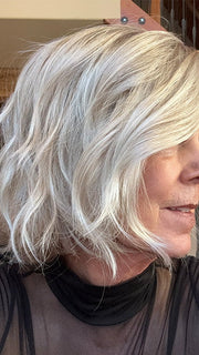 Susan @an_affair_with_hair wearing ESPRIT by ELLEN WILLE in color PEARL BLONDE ROOTED 101.20.25 | Pearl Platinum Blended with Light Strawberry Blonde and Lightest Golden Blonde with Shaded Roots