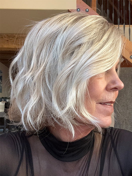 Susan @an_affair_with_hair wearing ESPRIT by ELLEN WILLE in color PEARL BLONDE ROOTED 101.20.25 | Pearl Platinum Blended with Light Strawberry Blonde and Lightest Golden Blonde with Shaded Roots