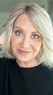 Emily H. @she_sheds_more wearing ESPRIT by ELLEN WILLE in color PEARL BLONDE ROOTED 101.20.25 | Pearl Platinum Blended with Light Strawberry Blonde and Lightest Golden Blonde with Shaded Roots