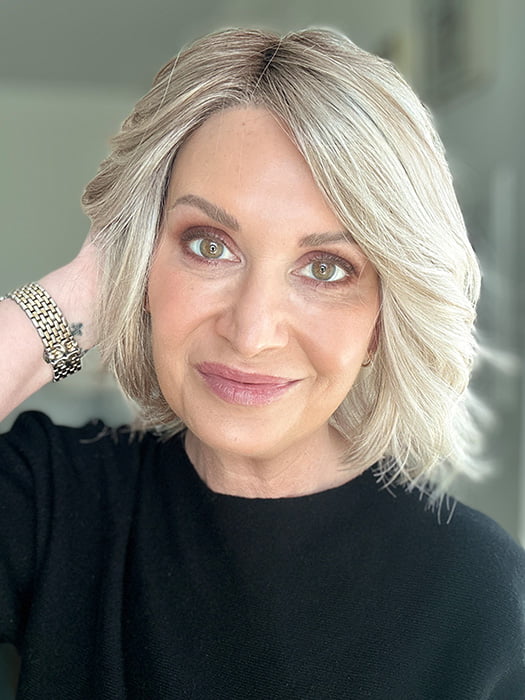 Emily H. @she_sheds_more wearing ESPRIT by ELLEN WILLE in color PEARL BLONDE ROOTED 101.20.25 | Pearl Platinum Blended with Light Strawberry Blonde and Lightest Golden Blonde with Shaded Roots