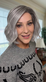 Eileen @crazywiglady is wearing ESPRIT by ELLEN WILLE in color METALLIC GREY ROOTED 60.51 Pearl White, Darkest/Lightest Brown with Grey Blend with Shaded Roots