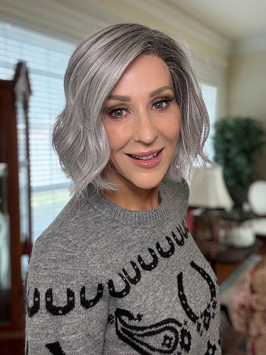 Eileen @crazywiglady is wearing ESPRIT by ELLEN WILLE in color METALLIC GREY ROOTED 60.51 Pearl White, Darkest/Lightest Brown with Grey Blend with Shaded Roots