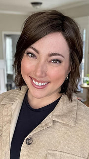 Jen Brown @being_mrs_brown wearing ESPRIT by ELLEN WILLE in color DARK-CHOCOLATE-ROOTED 6.30.4 | Dark Brown Base with Light Reddish Brown Highlights with Dark Roots