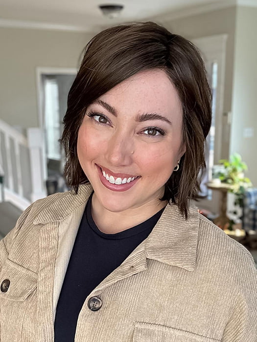 Jen Brown @being_mrs_brown wearing ESPRIT by ELLEN WILLE in color DARK-CHOCOLATE-ROOTED 6.30.4 | Dark Brown Base with Light Reddish Brown Highlights with Dark Roots