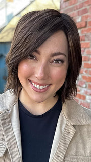 Jen Brown @being_mrs_brown wearing ESPRIT by ELLEN WILLE in color DARK-CHOCOLATE-ROOTED 6.30.4 | Dark Brown Base with Light Reddish Brown Highlights with Dark Roots